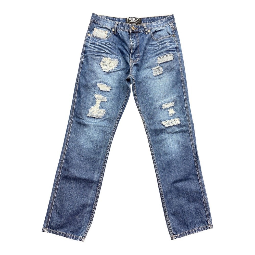 Brooklyn Xpress Jeans Mens 34x32 Blue Distressed Ripped Straight Leg Denim